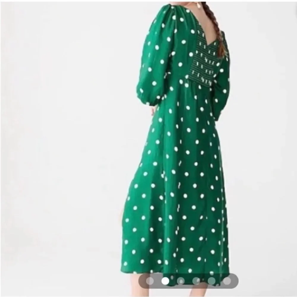 J Crew Midi Dress Women's Green White Polka Dot Long Sleeve  Sweetheart Sz 4